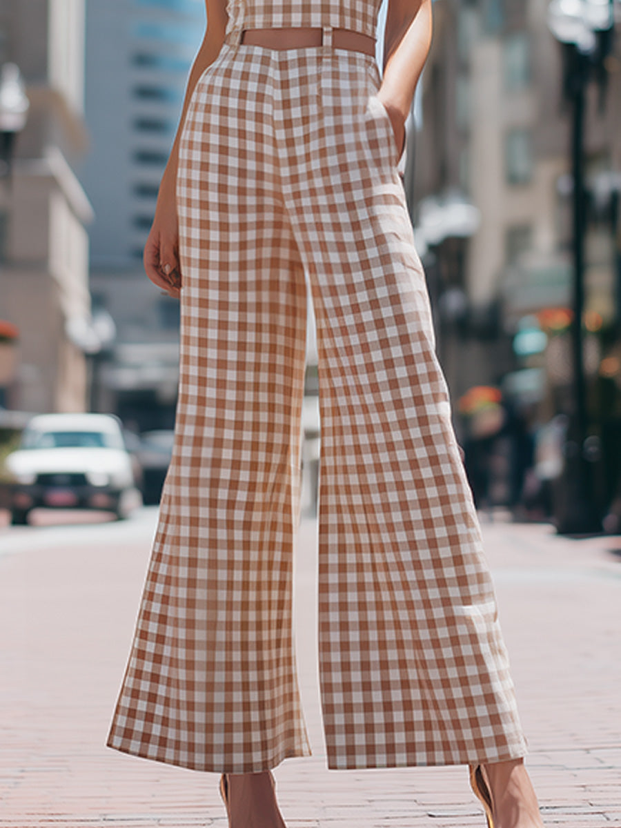 Léon Varel Beige Gingham Sleeveless Wide-Leg Jumpsuit