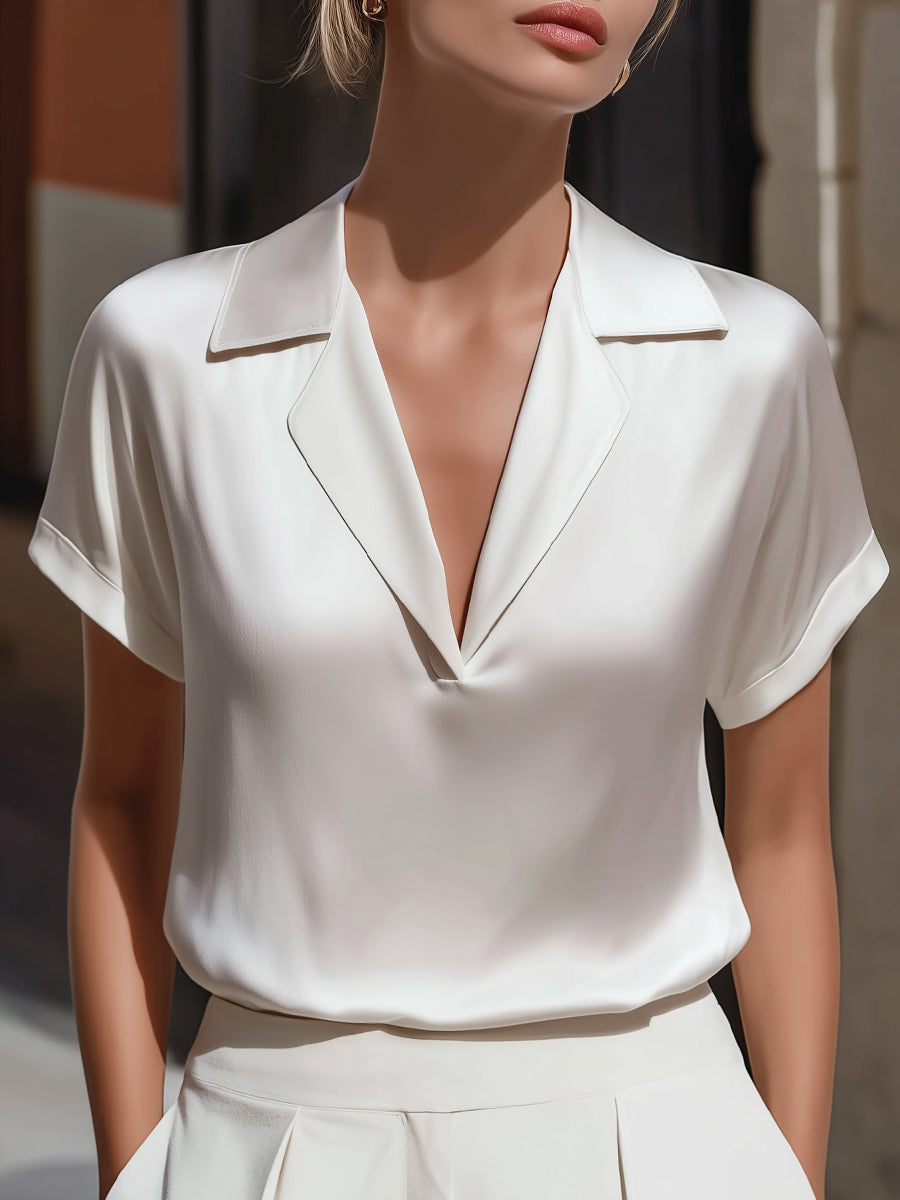 Léon Varel Relaxed Satin Notch Collar Short Sleeve Blouse