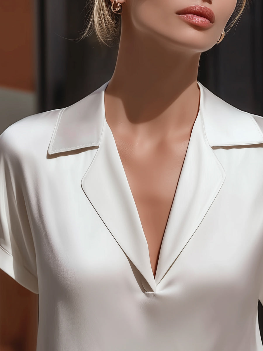 Léon Varel Relaxed Satin Notch Collar Short Sleeve Blouse
