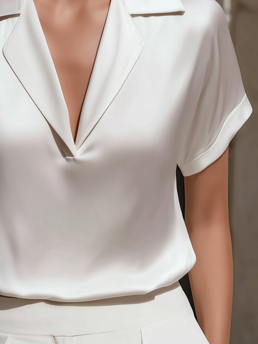 Léon Varel Relaxed Satin Notch Collar Short Sleeve Blouse
