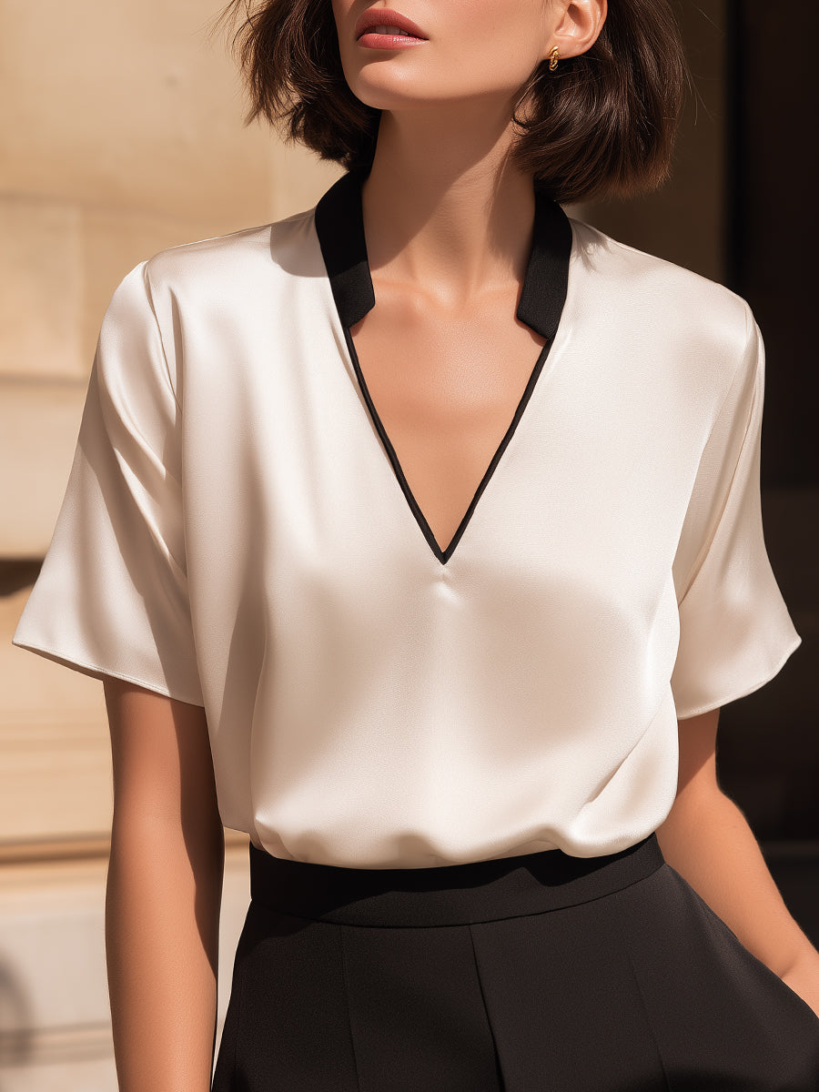 Léon Varel Contrast Trim Satin V-Neck Relaxed Blouse