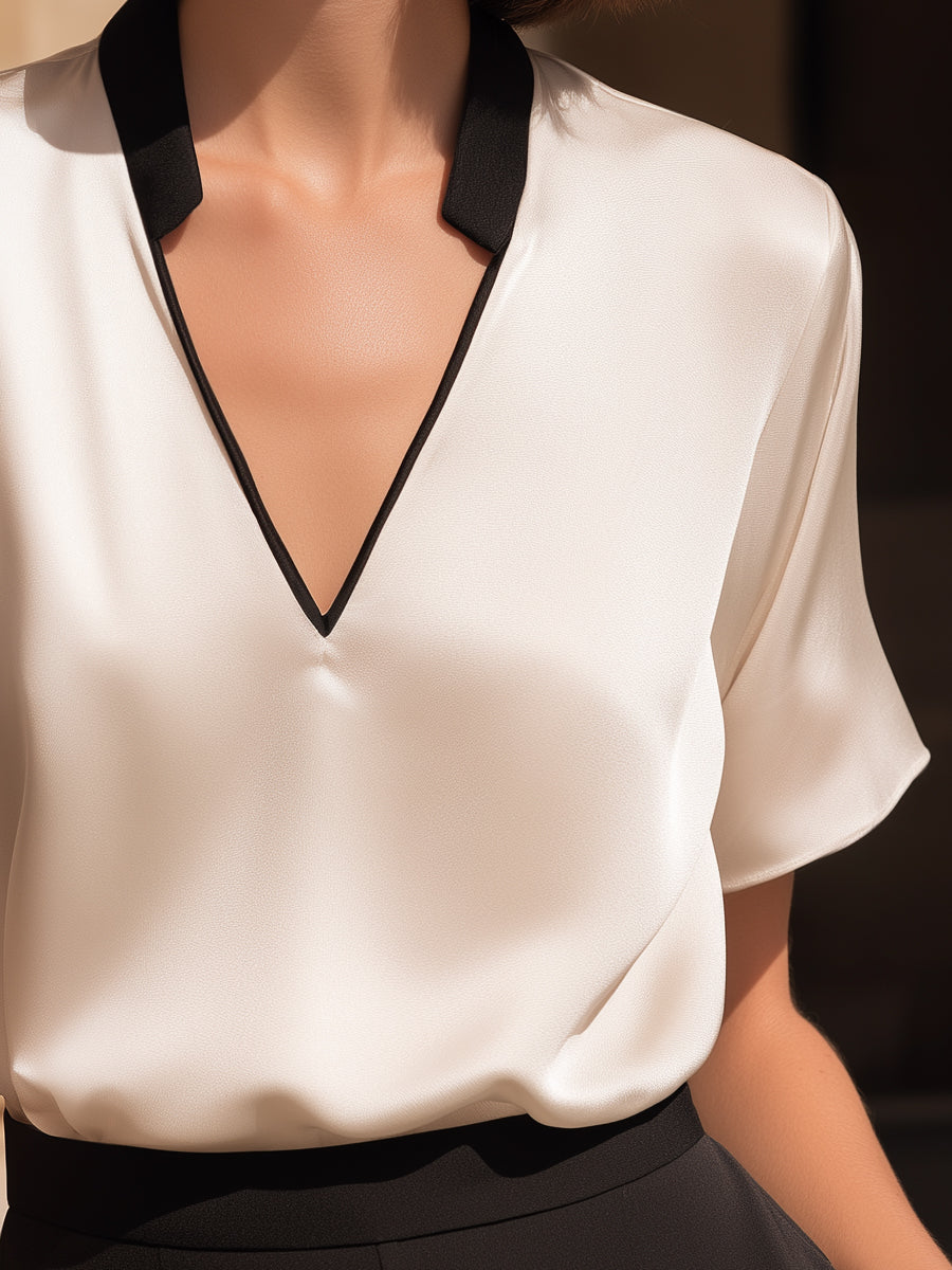 Léon Varel Contrast Trim Satin V-Neck Relaxed Blouse
