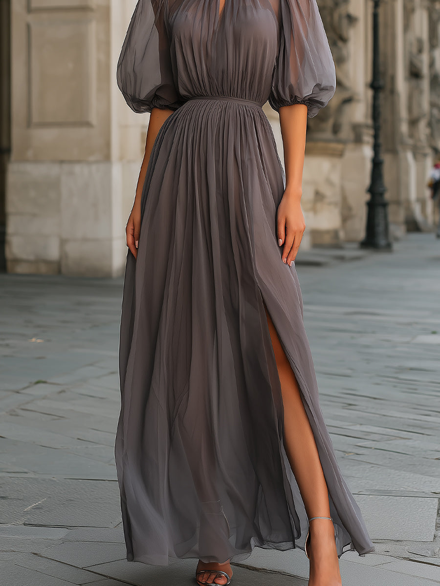 Léon Varel High Neck Gathered Chiffon Maxi Dress With Front Slit