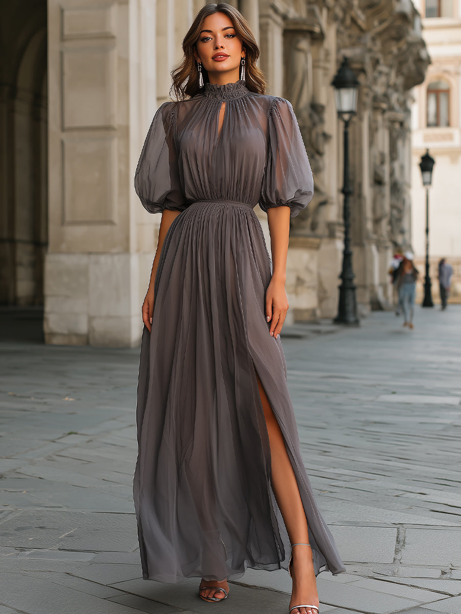 Léon Varel High Neck Gathered Chiffon Maxi Dress With Front Slit