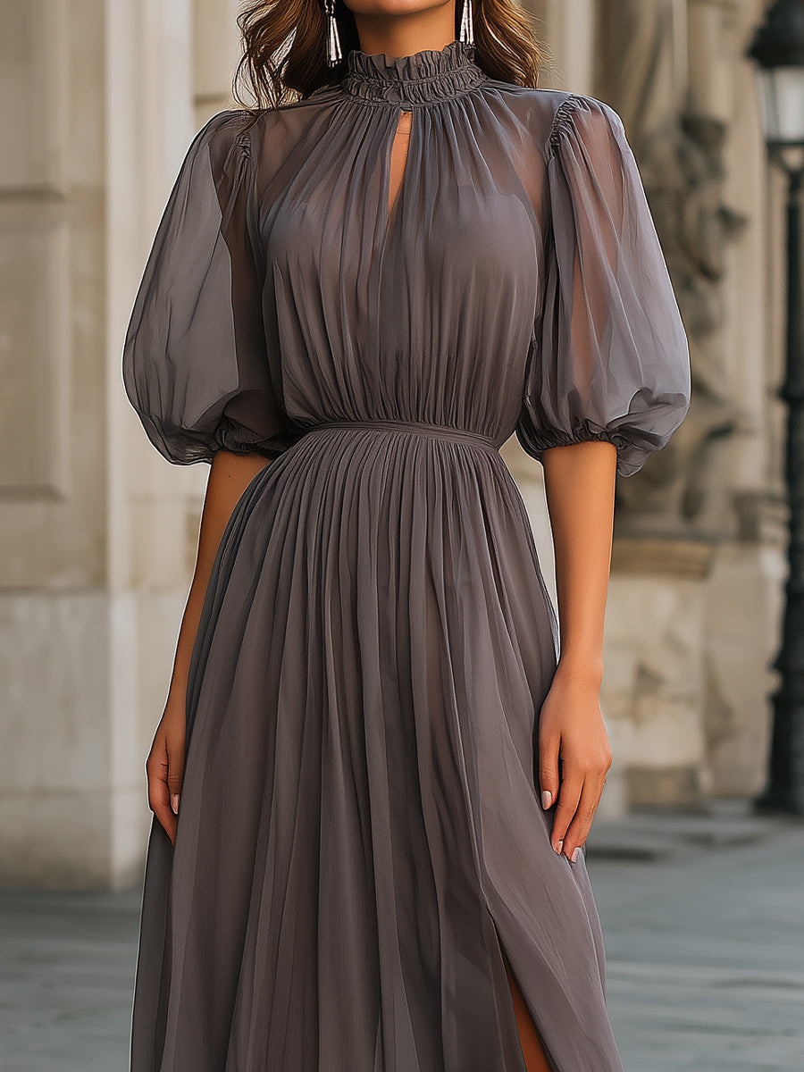 Léon Varel High Neck Gathered Chiffon Maxi Dress With Front Slit