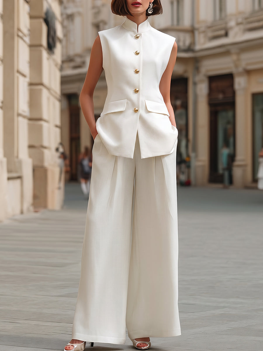 Léon Varel Minimalist Mandarin Collar Tailored Vest And Wide-Leg Trouser Set