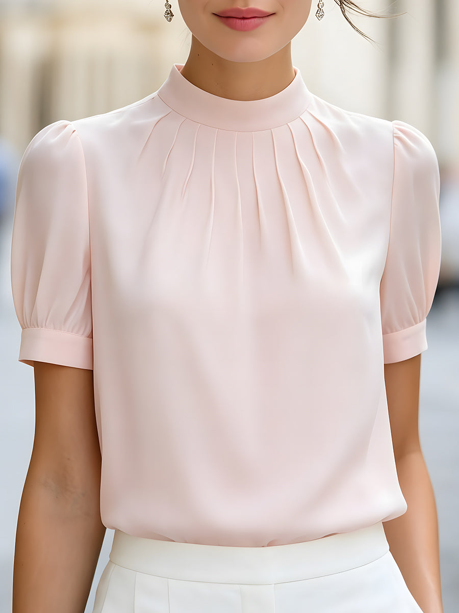 Léon Varel High-Neck Pleated Puff Sleeve Blouse