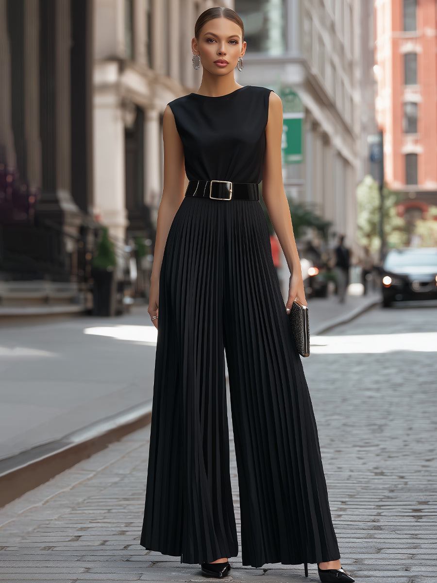 Léon Varel Structured Sleeveless Belted Pleated Wide-Leg Jumpsuit