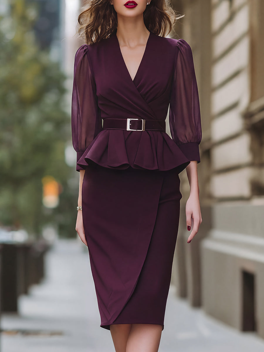 Léon Varel Belted Peplum Wrap Blouse & Asymmetric Pencil Skirt Set