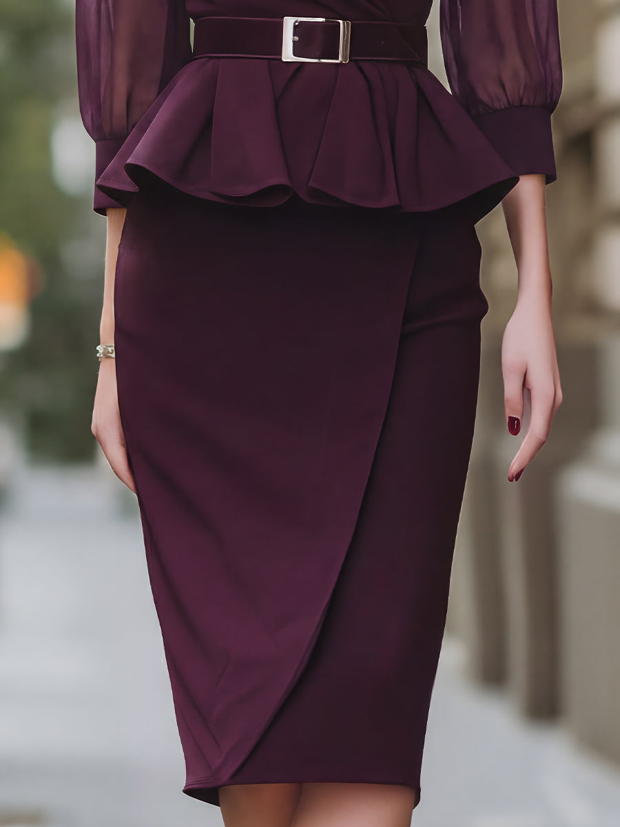 Léon Varel Belted Peplum Wrap Blouse & Asymmetric Pencil Skirt Set