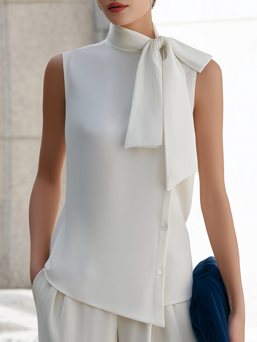 Léon Varel Sleeveless Asymmetric Hem Tie-Neck Blouse