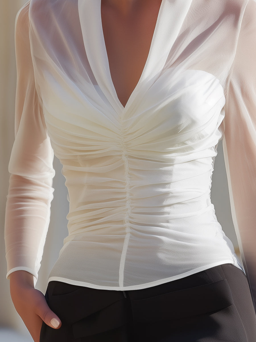 Léon Varel Ruched Sheer Mesh Long Sleeve Sculpted Blouse