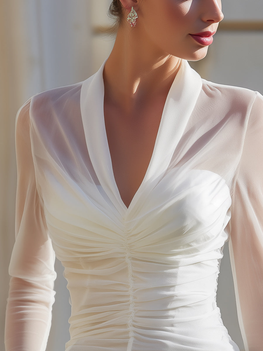 Léon Varel Ruched Sheer Mesh Long Sleeve Sculpted Blouse