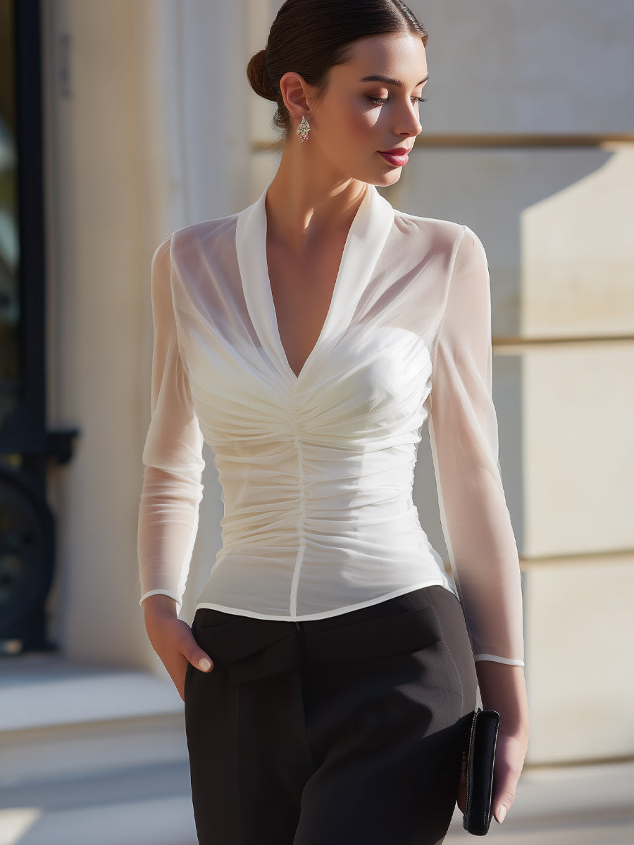 Léon Varel Ruched Sheer Mesh Long Sleeve Sculpted Blouse