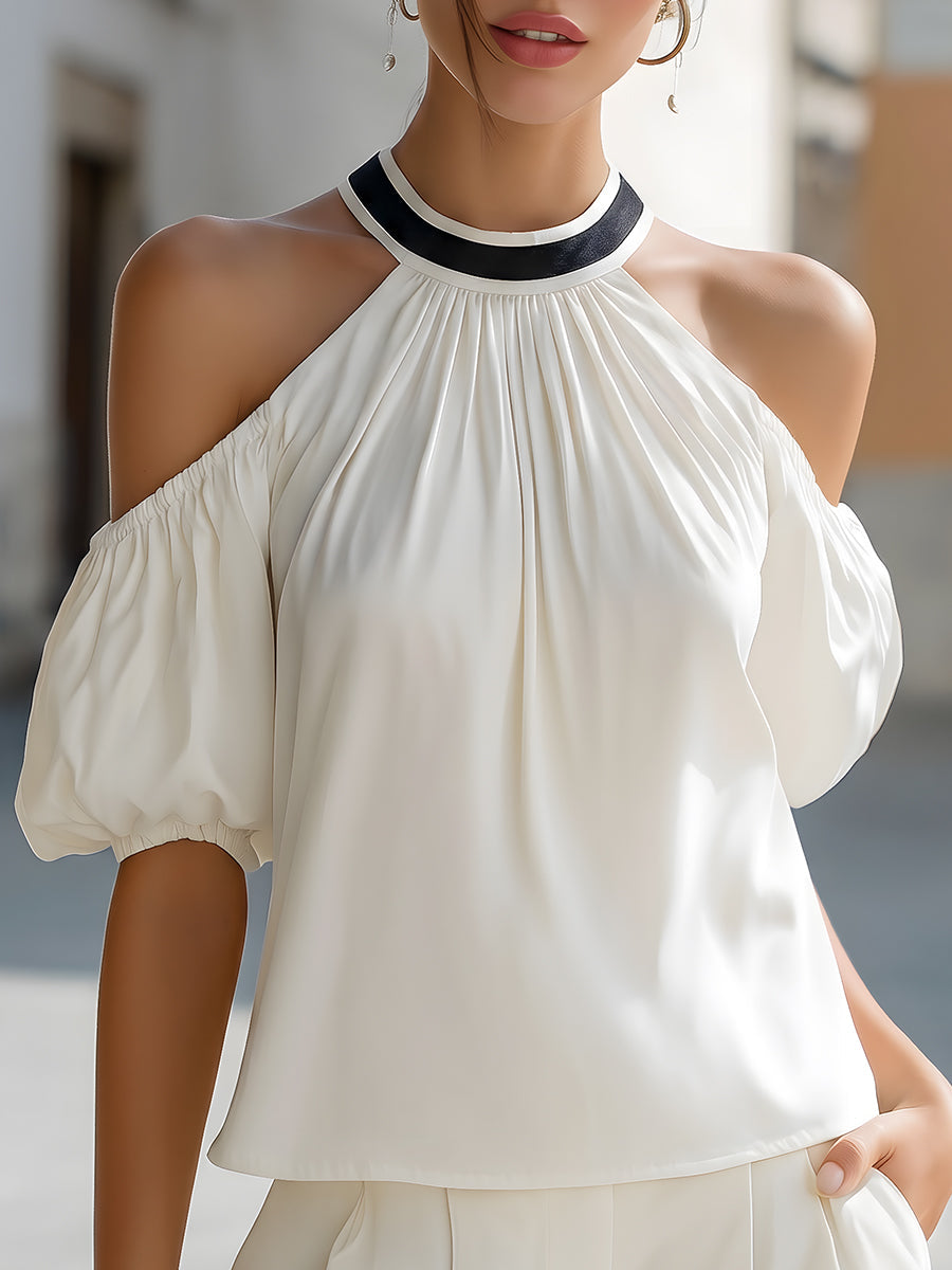 Léon Varel Cold-Shoulder Pleated Halter Neck Blouse