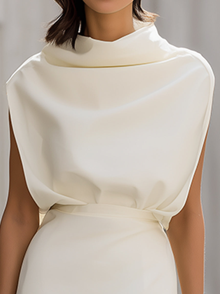 Léon Varel Draped High-Neck Fitted Top & Midi Skirt Two-Piece Set