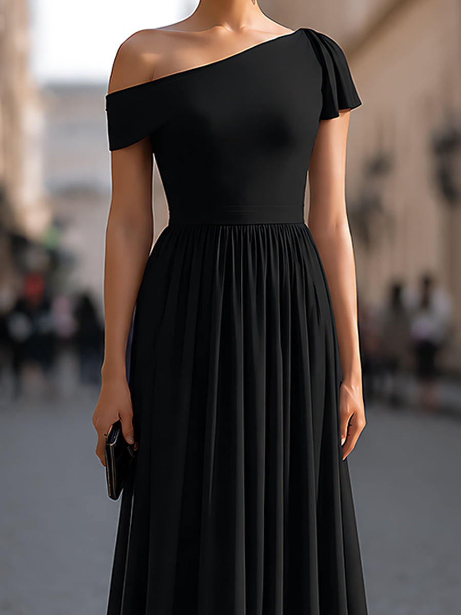 Léon Varel Structured One-Shoulder Pleated Waist Maxi Dress