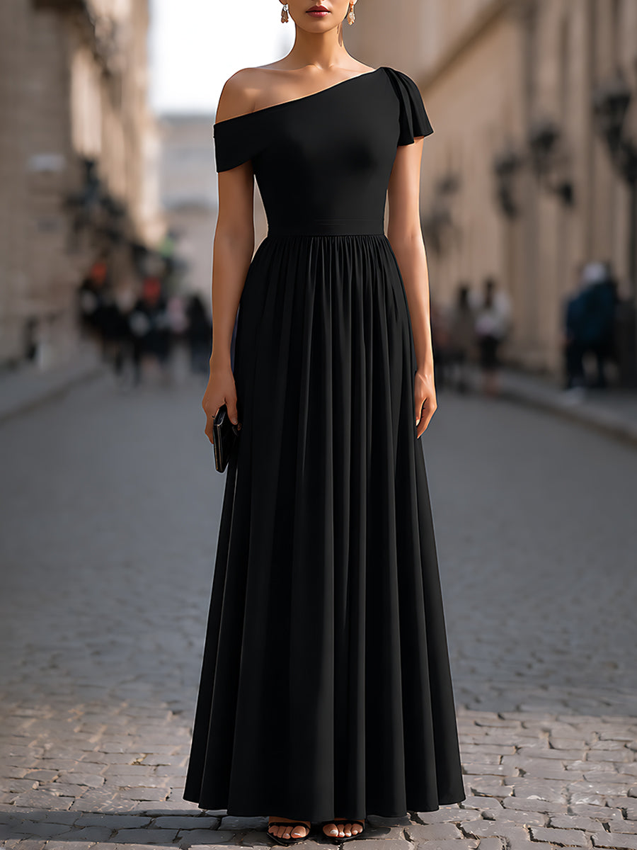 Léon Varel Structured One-Shoulder Pleated Waist Maxi Dress
