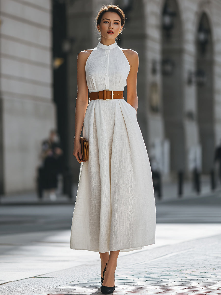 Léon Varel Premium 100% Linen Belted Halter Maxi Dress