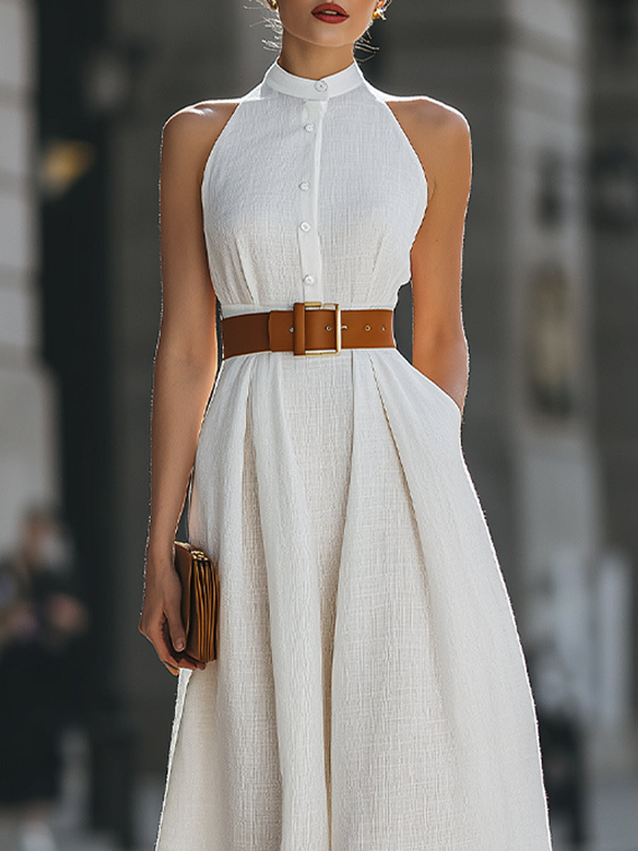 Léon Varel Premium 100% Linen Belted Halter Maxi Dress