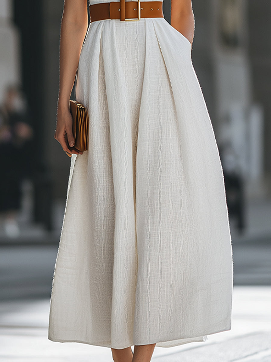 Léon Varel Premium 100% Linen Belted Halter Maxi Dress