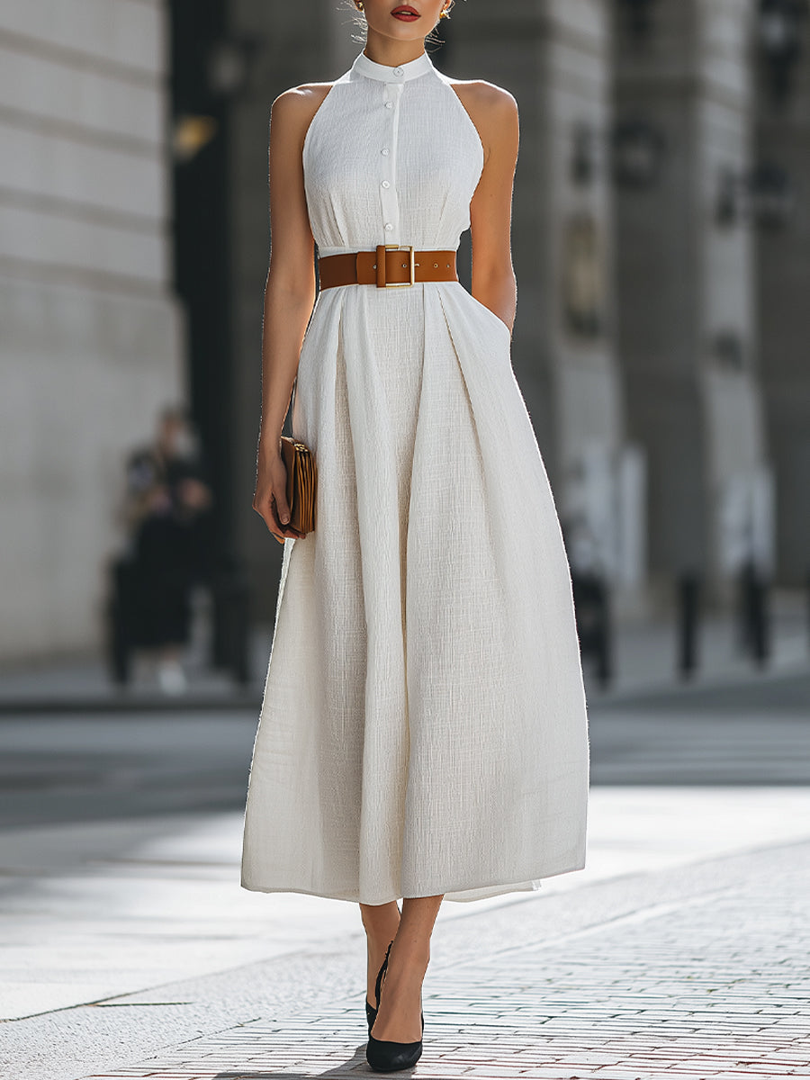 Léon Varel Premium 100% Linen Belted Halter Maxi Dress