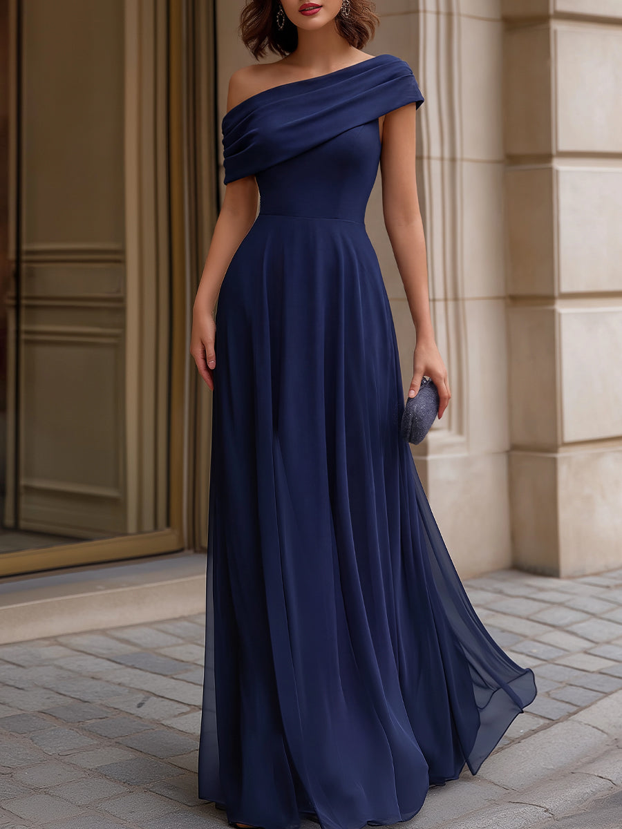 Léon Varel Off-Shoulder Draped Chiffon Evening Maxi Dress