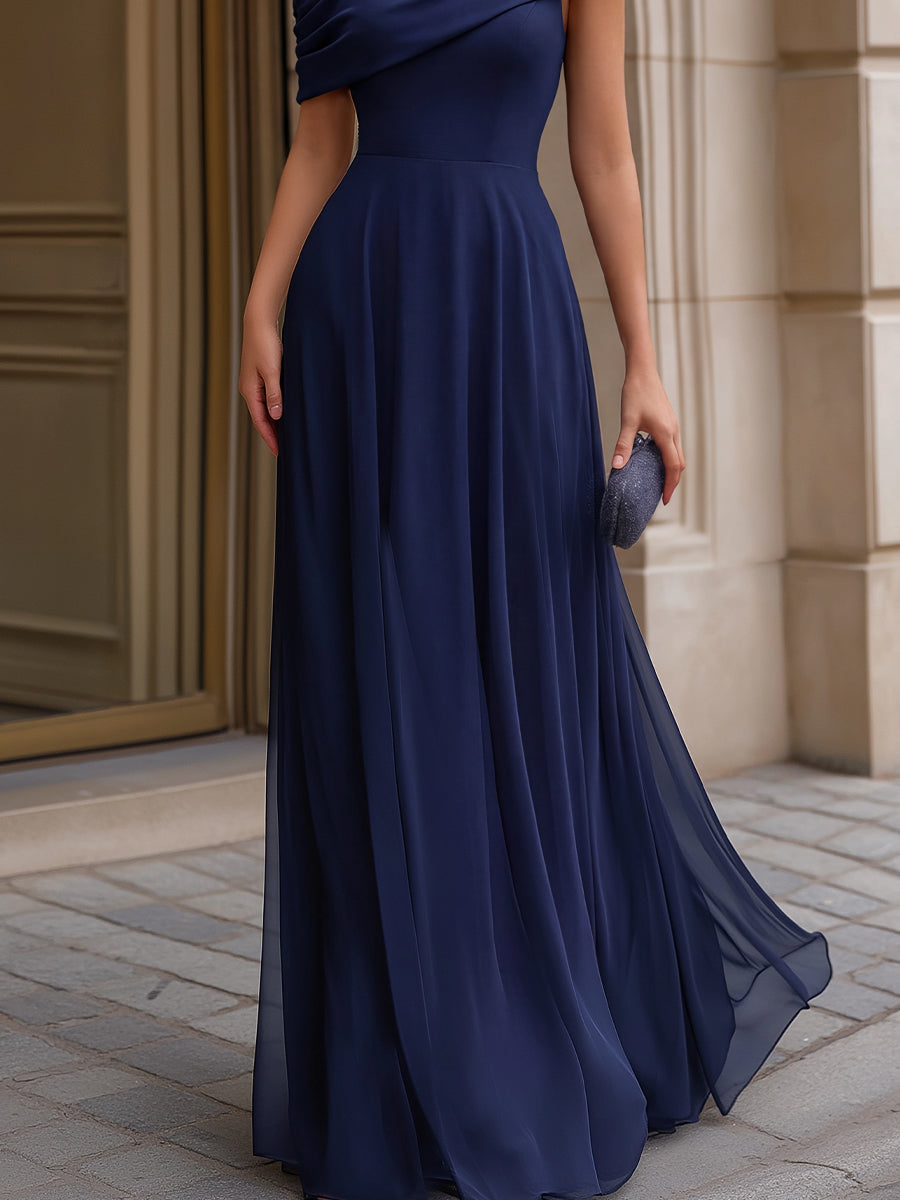 Léon Varel Off-Shoulder Draped Chiffon Evening Maxi Dress