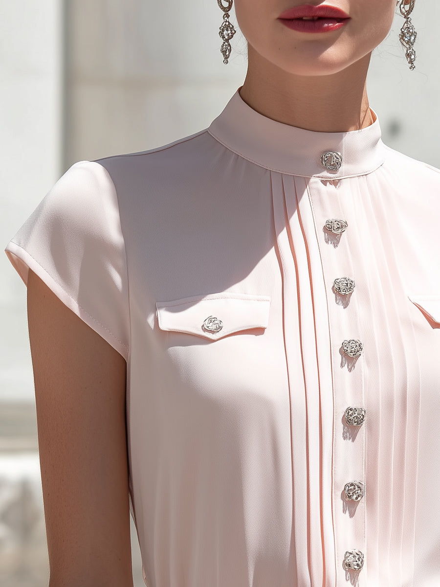 Léon Varel Pleated Mock Neck Button-Detail Cap Sleeve Blouse