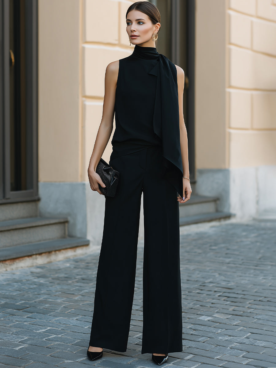 Léon Varel Structured High-Neck Draped Tie Sleeveless Top And Wide-Leg Trousers Set