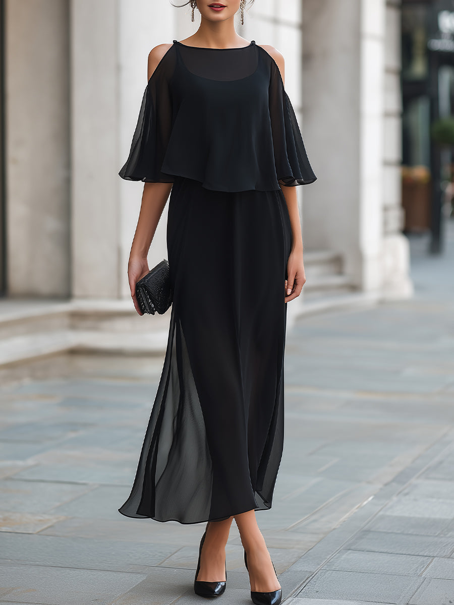 Léon Varel Structured Cold-Shoulder Sheer Overlay Maxi Dress