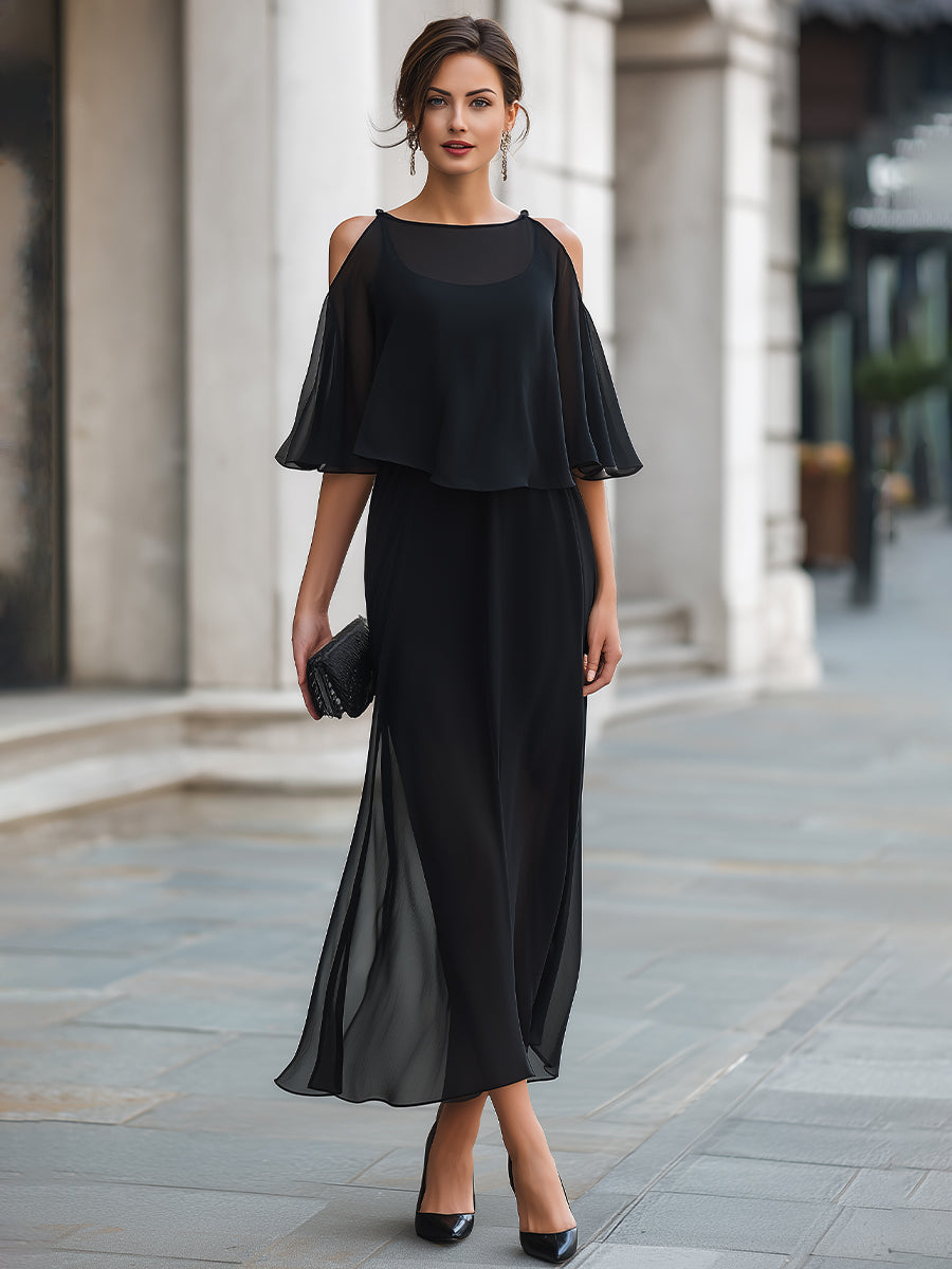 Léon Varel Structured Cold-Shoulder Sheer Overlay Maxi Dress