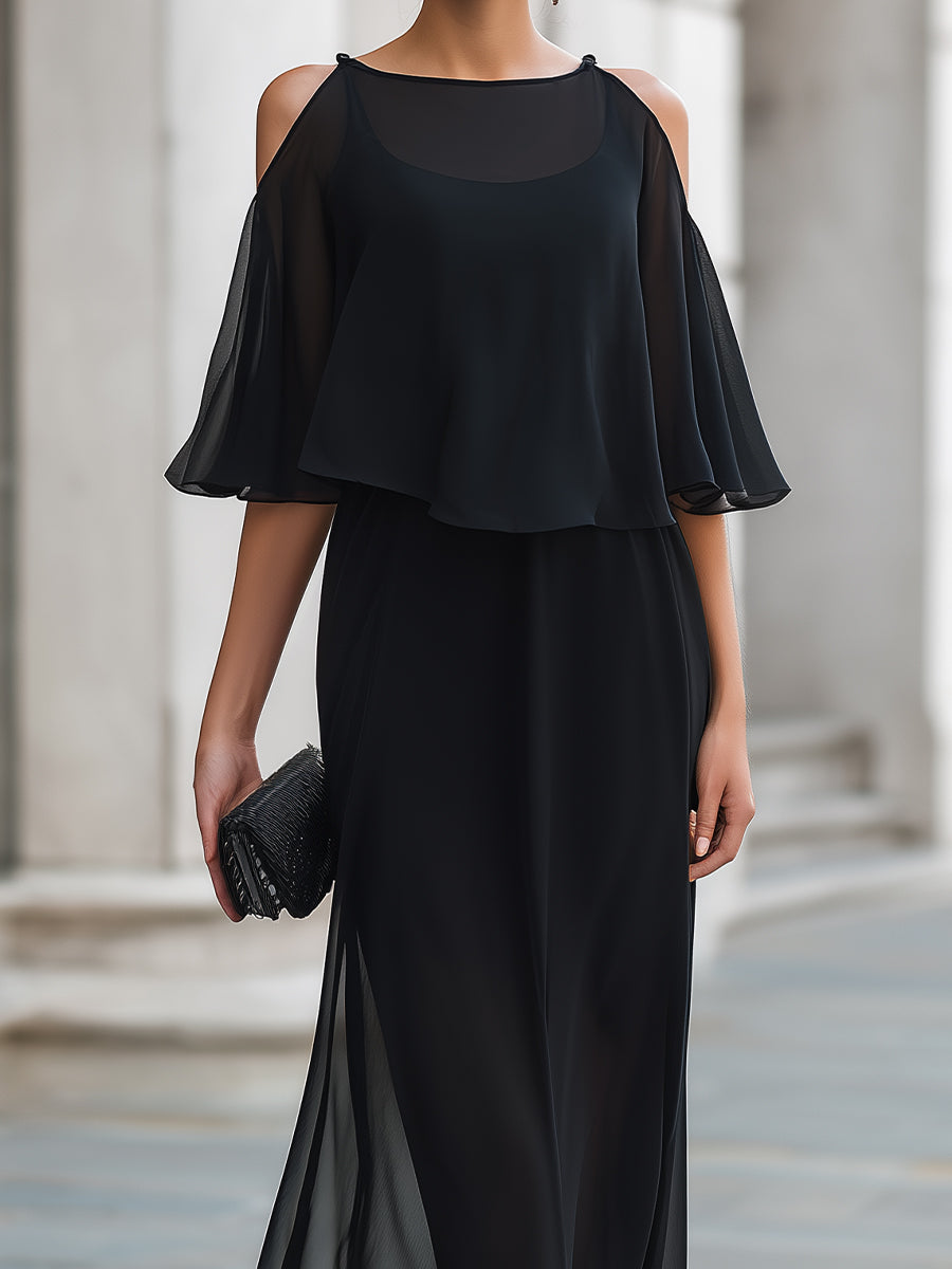 Léon Varel Structured Cold-Shoulder Sheer Overlay Maxi Dress