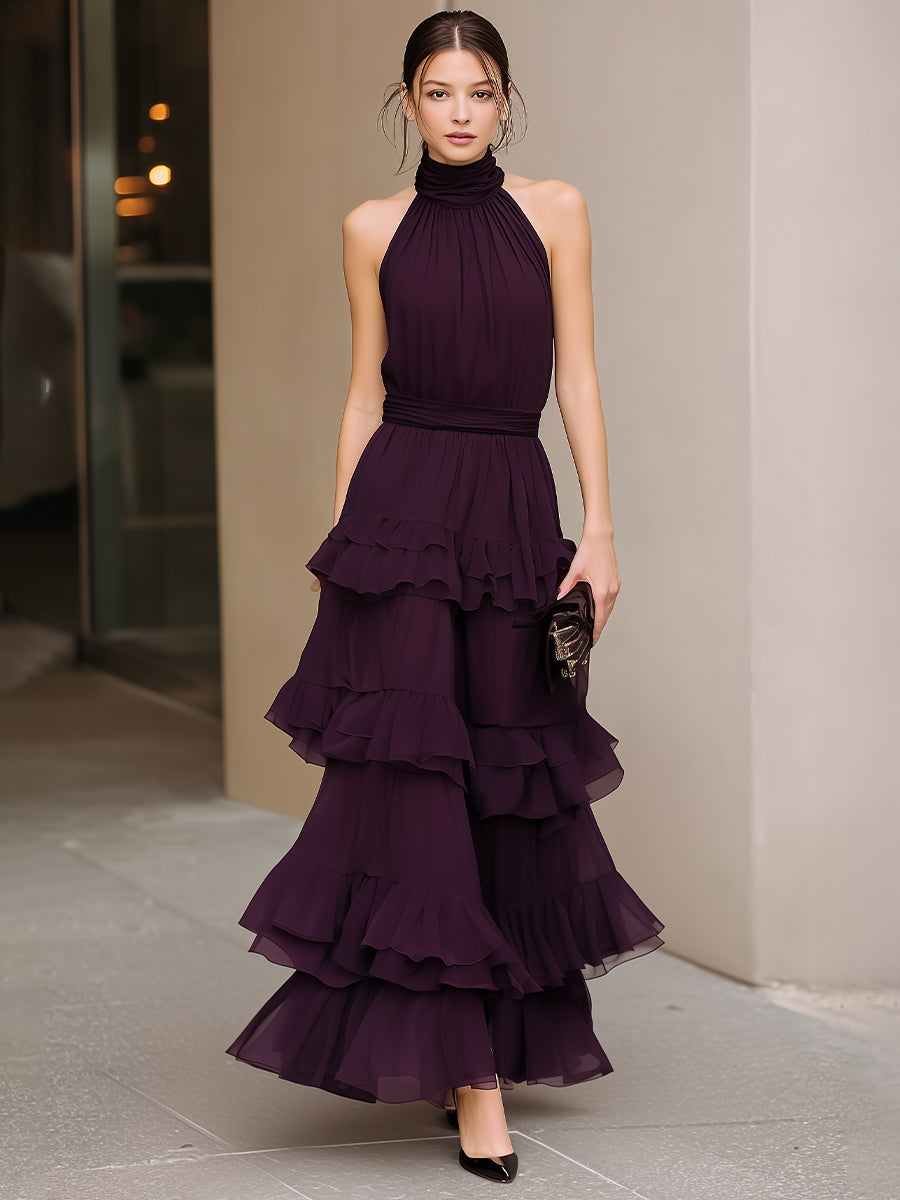 Léon Varel Structured Halter Neck Tiered Ruffle Maxi Dress