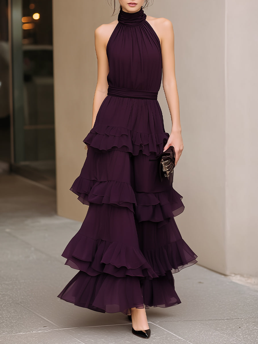 Léon Varel Structured Halter Neck Tiered Ruffle Maxi Dress