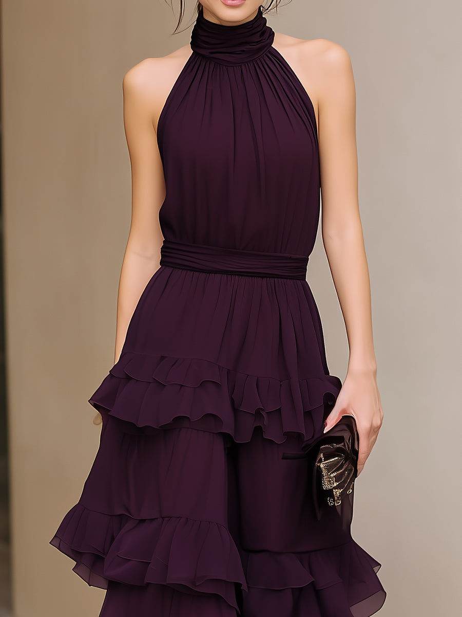 Léon Varel Structured Halter Neck Tiered Ruffle Maxi Dress