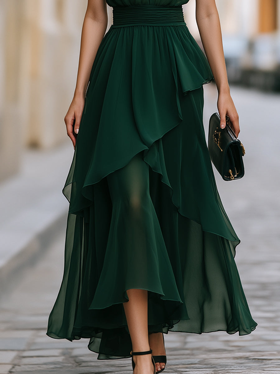 Léon Varel Elegant Halter Neck Layered Chiffon Maxi Dress