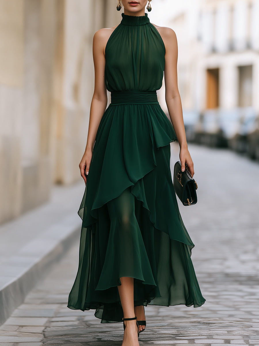 Léon Varel Elegant Halter Neck Layered Chiffon Maxi Dress