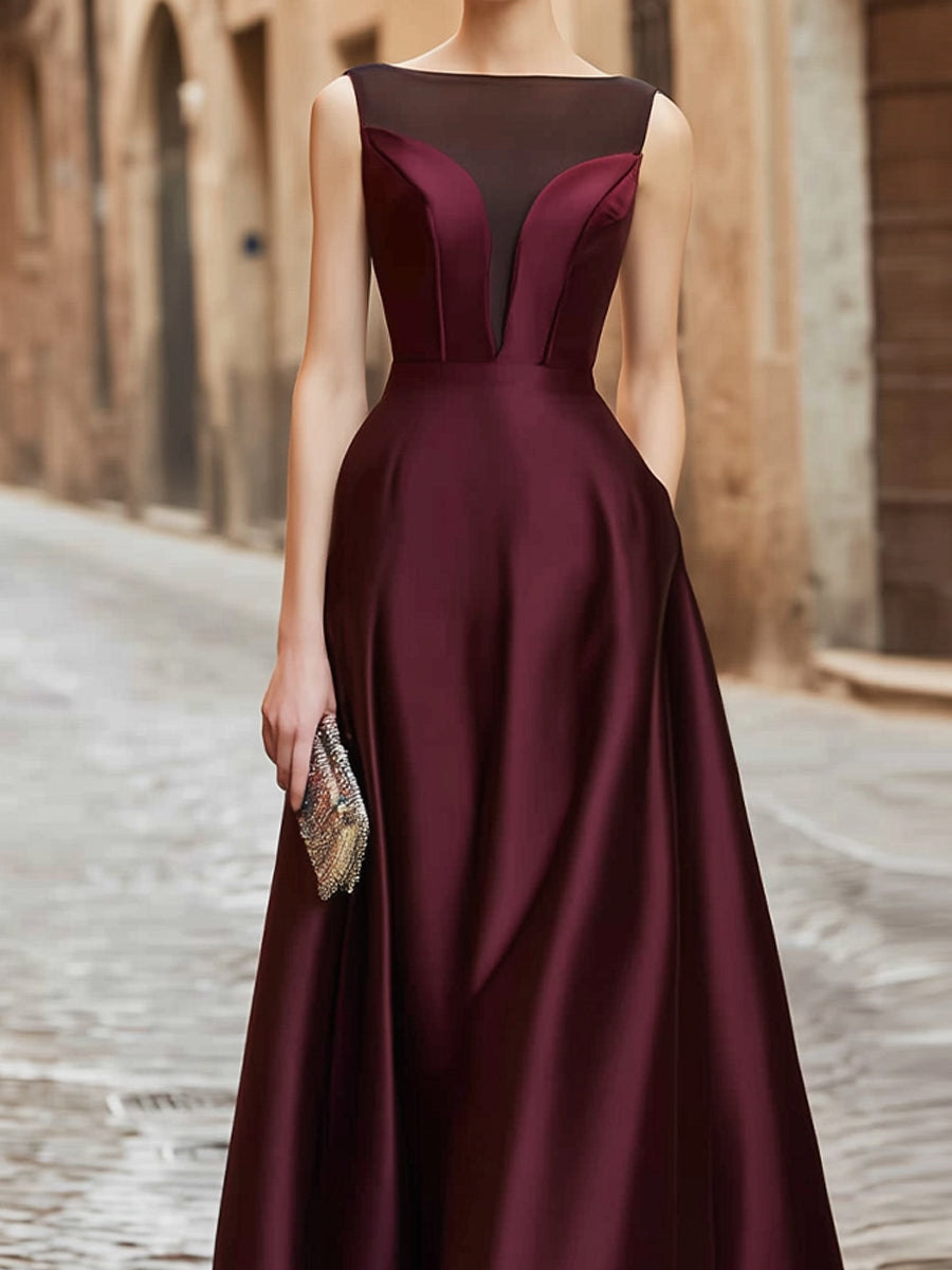 Léon Varel Illusion Neck Satin A-Line Evening Gown