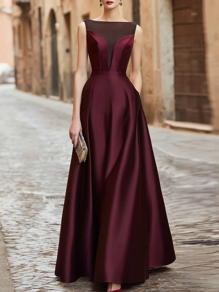 Léon Varel Illusion Neck Satin A-Line Evening Gown