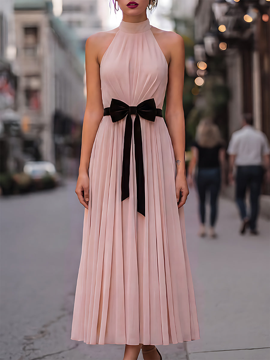 Léon Varel Pleated Halter Neck Maxi Dress With Velvet Bow Detail