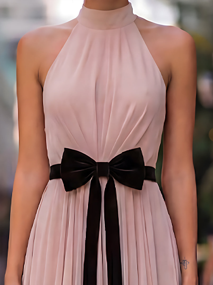 Léon Varel Pleated Halter Neck Maxi Dress With Velvet Bow Detail