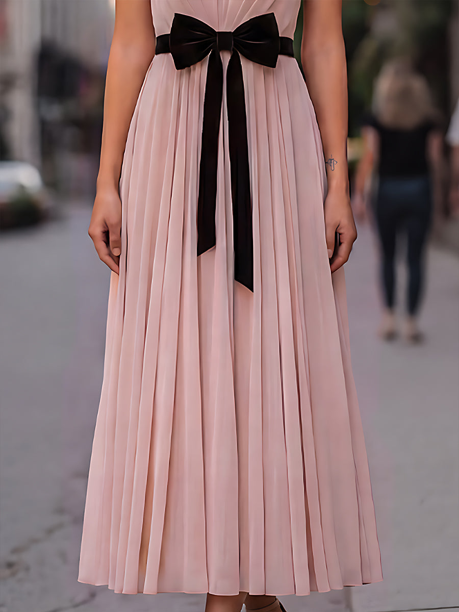 Léon Varel Pleated Halter Neck Maxi Dress With Velvet Bow Detail