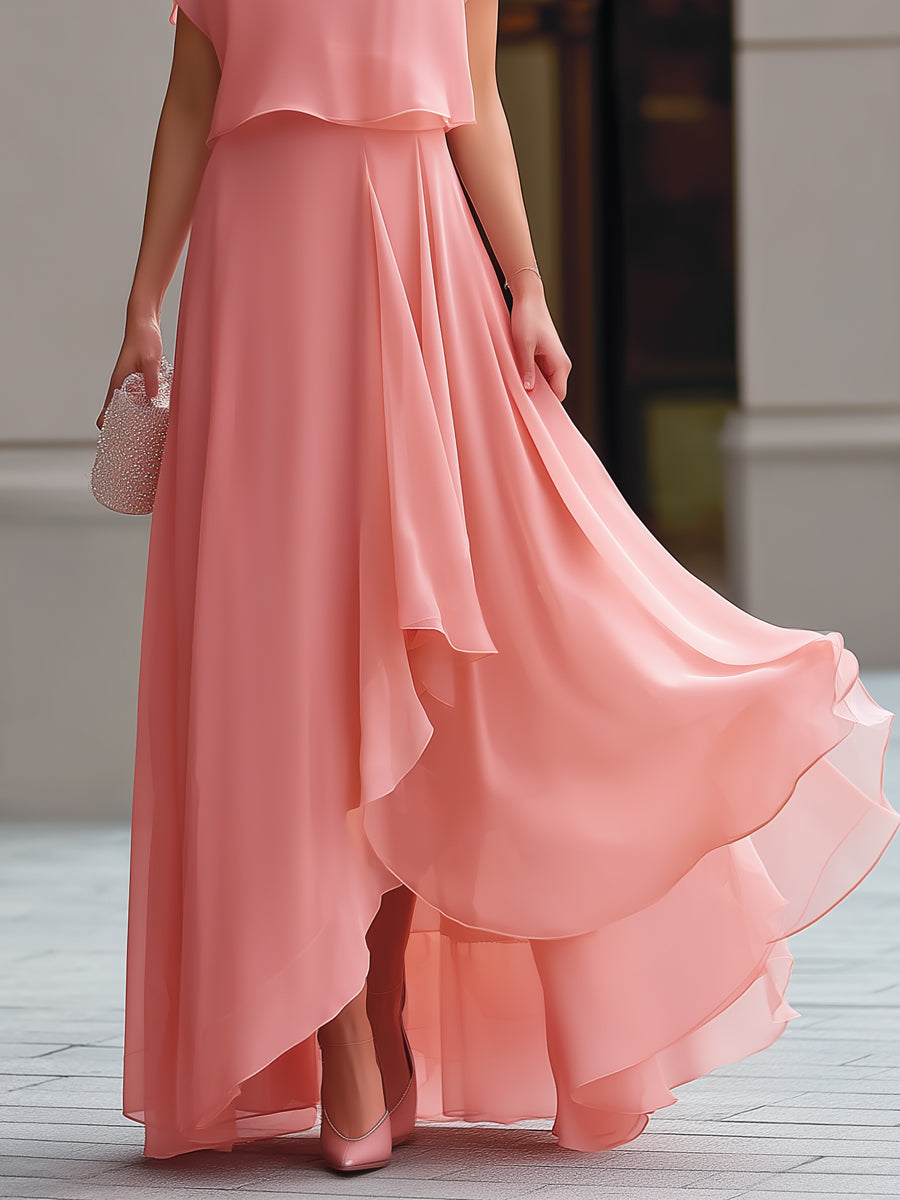 Léon Varel Flowing Overlay Asymmetric Hem Chiffon Maxi Dress
