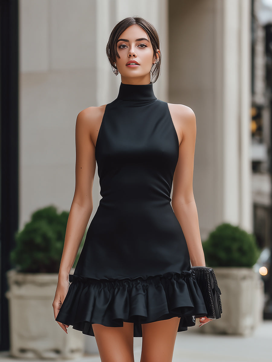 Léon Varel Halter Neck Ruffle Hem Mini Dress