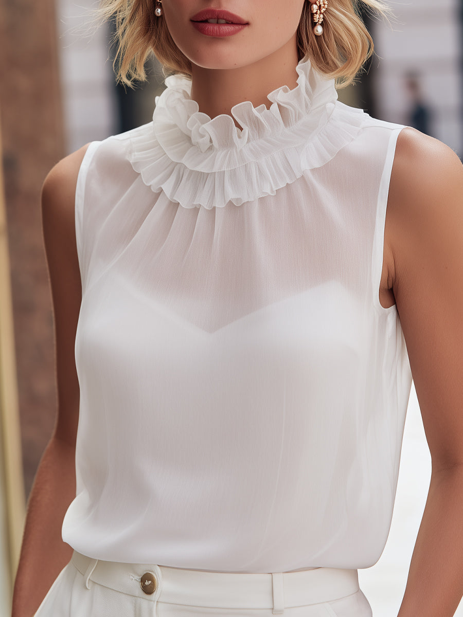 Léon Varel Sheer Ruffle Neck Sleeveless Blouse
