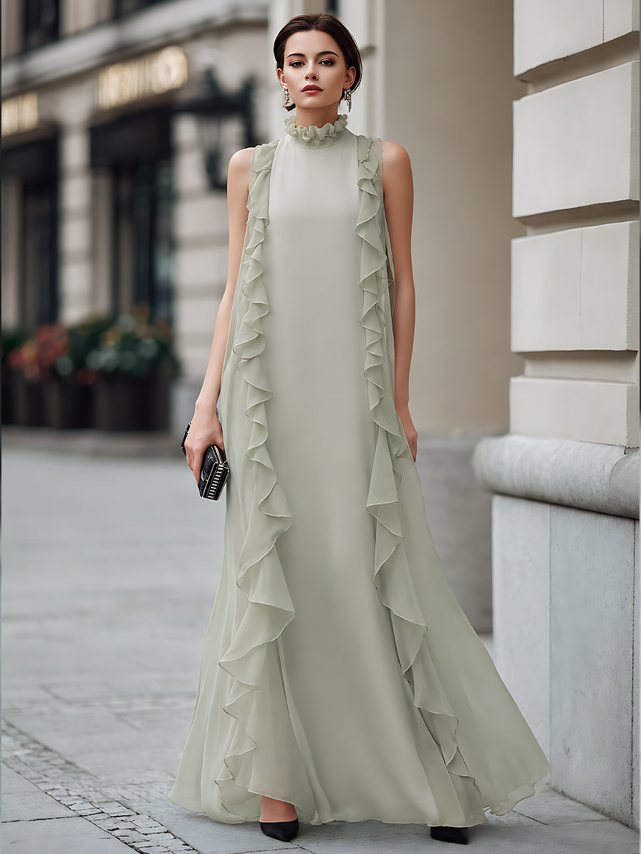 Léon Varel Ruffle Trim High Neck Chiffon Maxi Dress