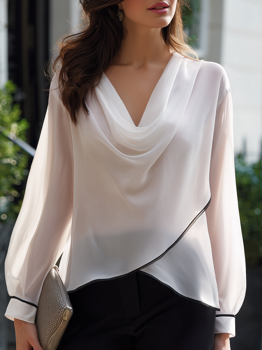 Léon Varel Draped Cowl Neck Piping Trim Sheer Sleeve Blouse