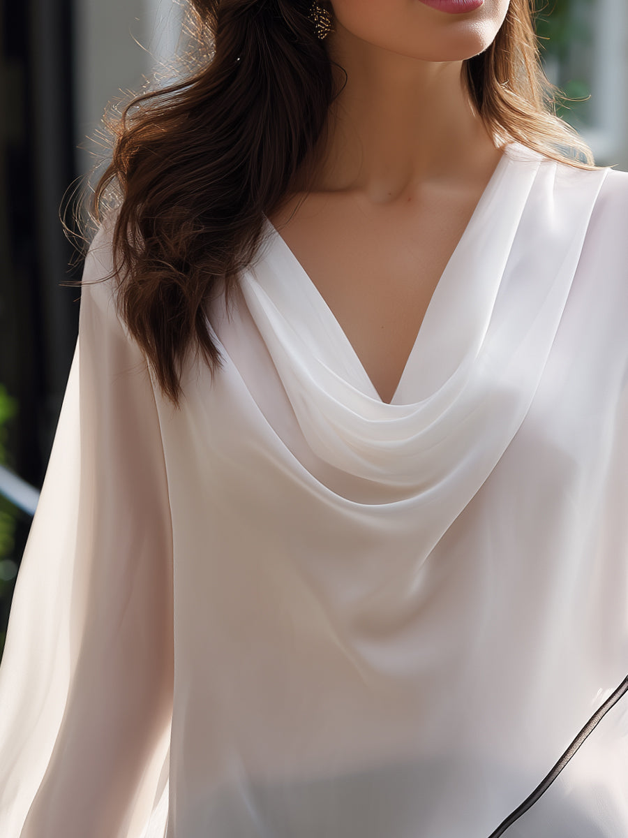Léon Varel Draped Cowl Neck Piping Trim Sheer Sleeve Blouse