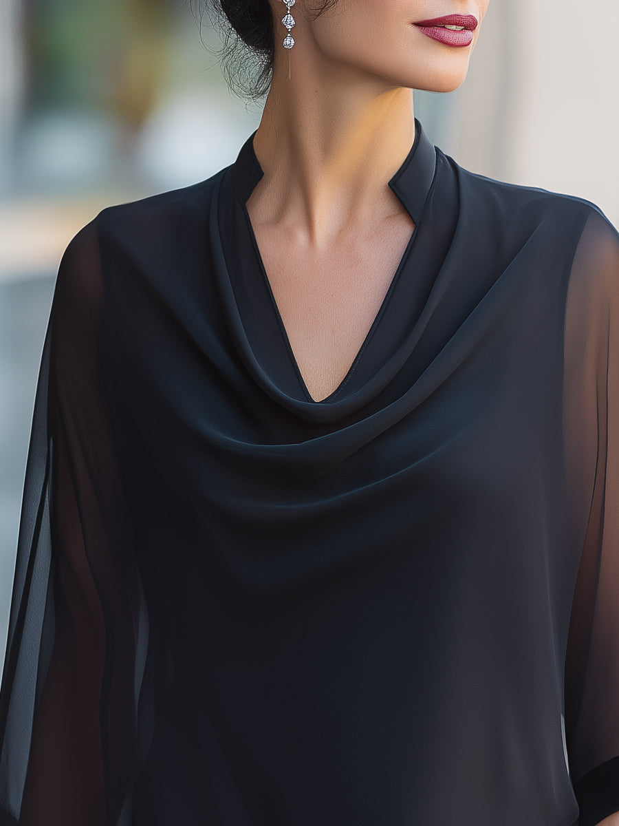 Léon Varel Sheer Flared Sleeve Cowl Neck Blouse With Satin Trim